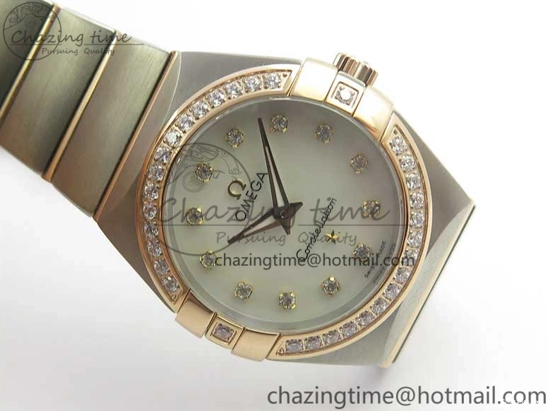 0212 NewStyle Constellation Ladies 27mm ZF 1:1 Best Edition SS RG White MOP Dial Diamonds Bezel & Markers on SS RG Bracelet ETA Quartz 7943